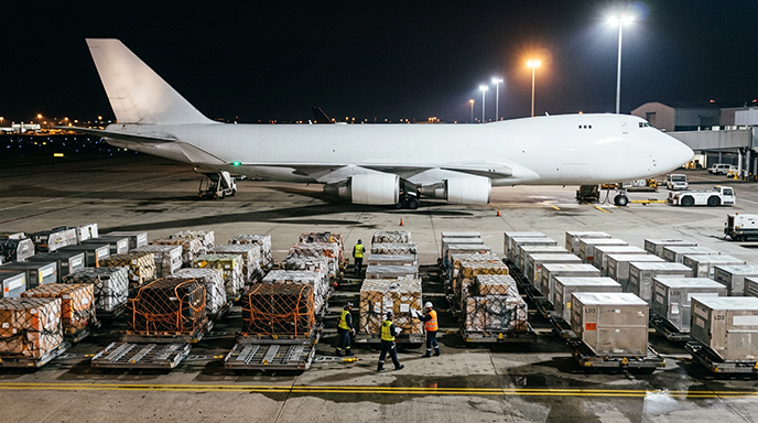 Air cargo pallets lined up beside a freighter jet at night