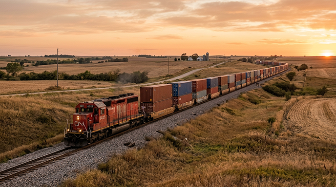 Container freight train crossing open countryside at golden hour
