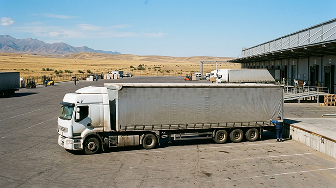 White truck with an unmarked curtain-side trailer at a bonded warehouse yard